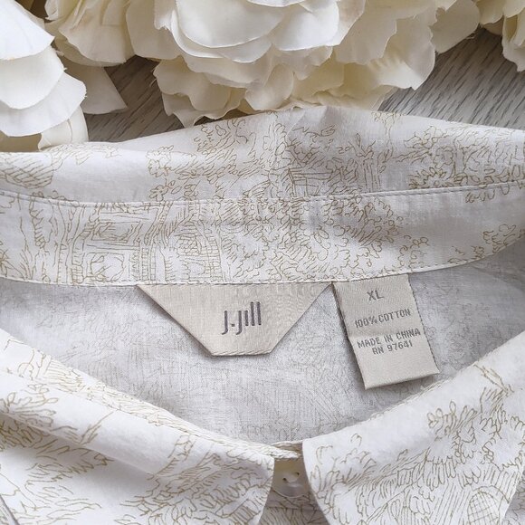 Ivory Toile Shirt Cotton Lightweight Shell Buttons J Jill Collar Crop Country XL - Picture 6 of 14